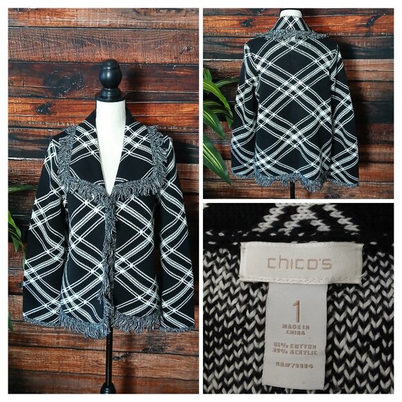 Chicos Sweater Size 1 US M Thick Fringe Trim Cardigan Diamond Plaid - Picture 1 of 10